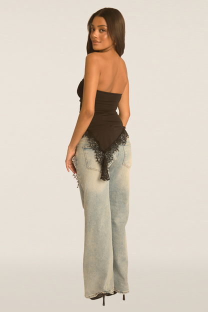 Black Asymmetric Lace Trim Bandeau Top - Solara