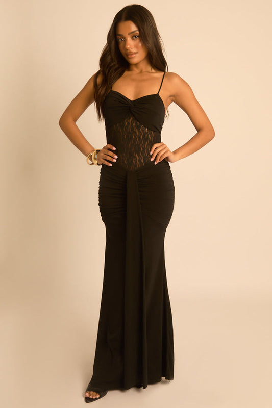 Black Lace Insert Gathered Maxi Dress - Suki