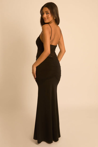 Black Lace Insert Gathered Maxi Dress - Suki