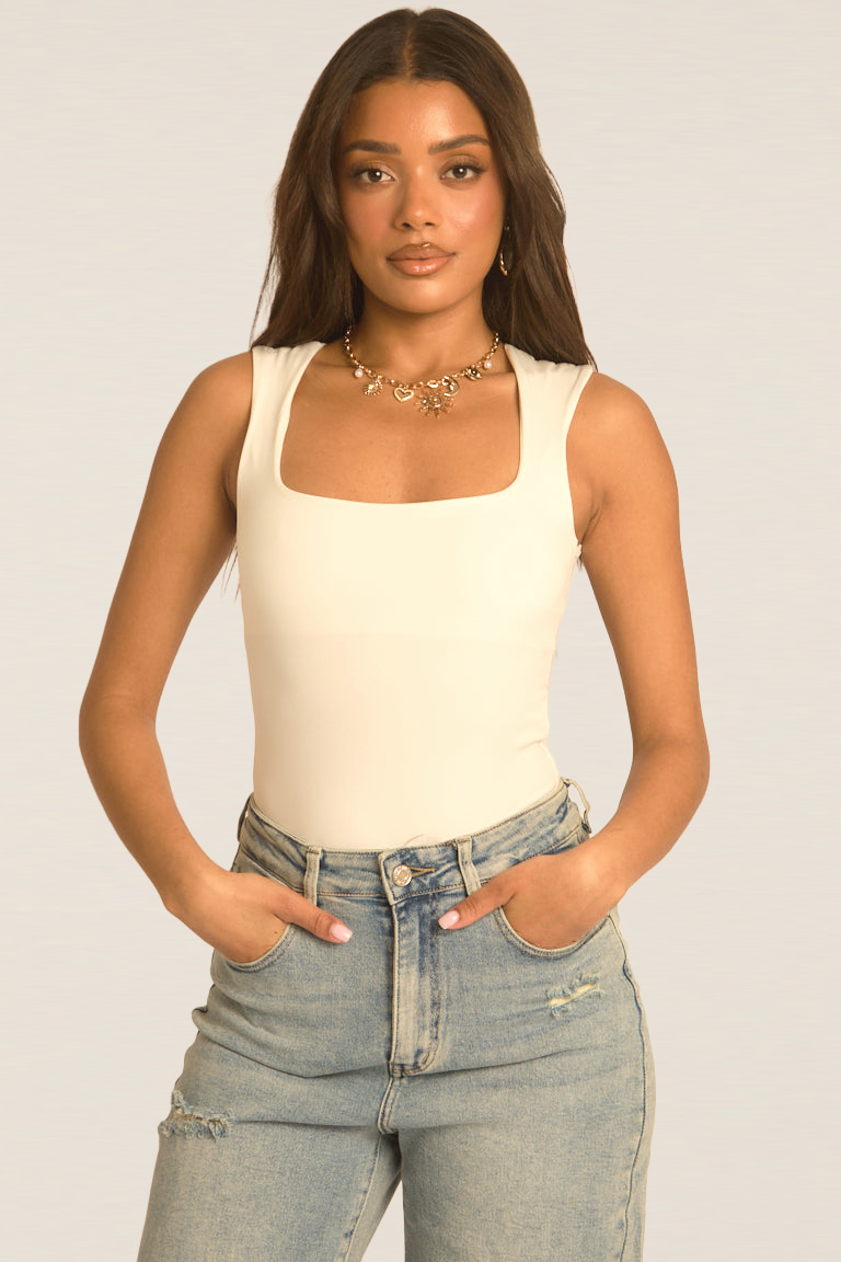 White Square Neck Basic Bodysuit - Carren