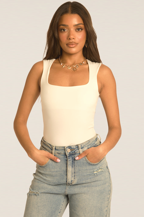 White Square Neck Basic Bodysuit - Carren