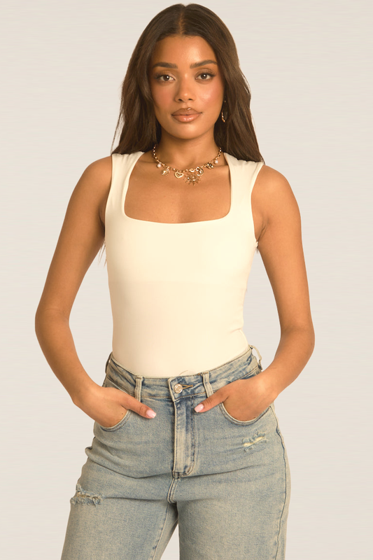 White Square Neck Basic Bodysuit - Carren