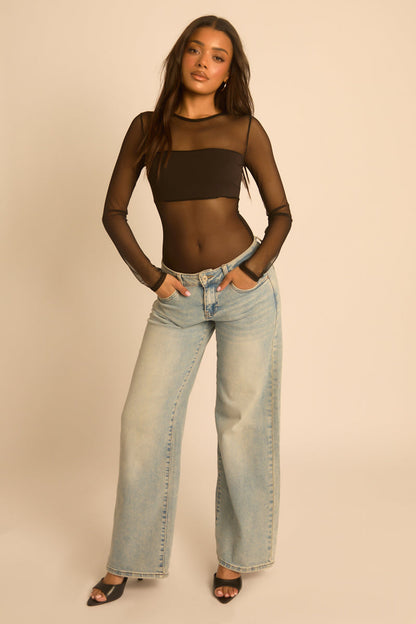 Black Mesh Long Sleeve Bodysuit - Maris