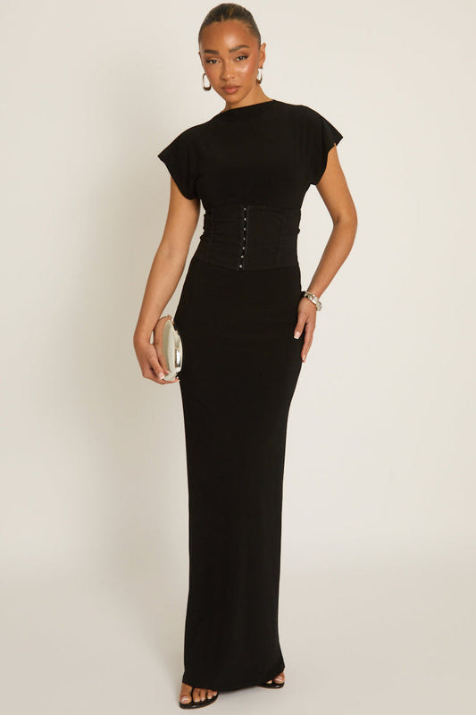 Black 2-in-1 Corset Maxi Dress - Omara