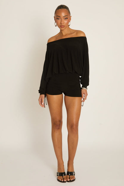 Black Off Shoulder Blouson Playsuit - Kada