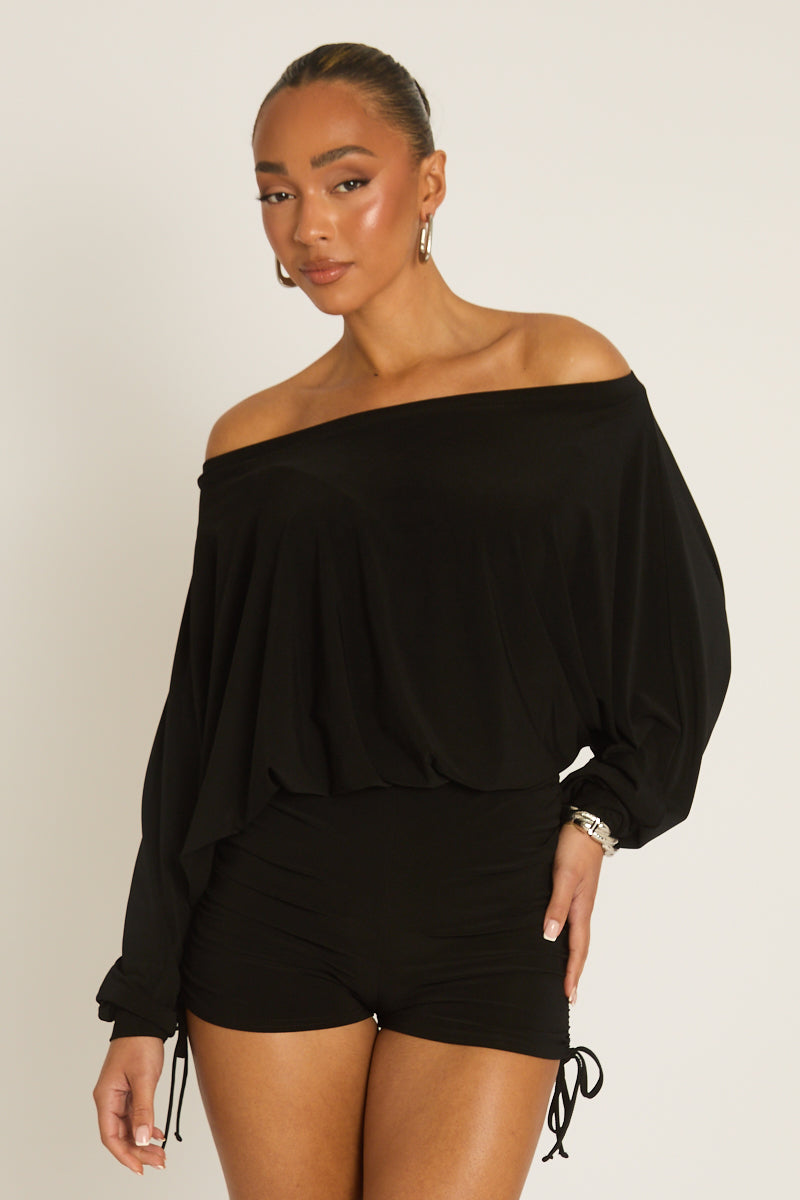 Black Off Shoulder Blouson Playsuit - Kada