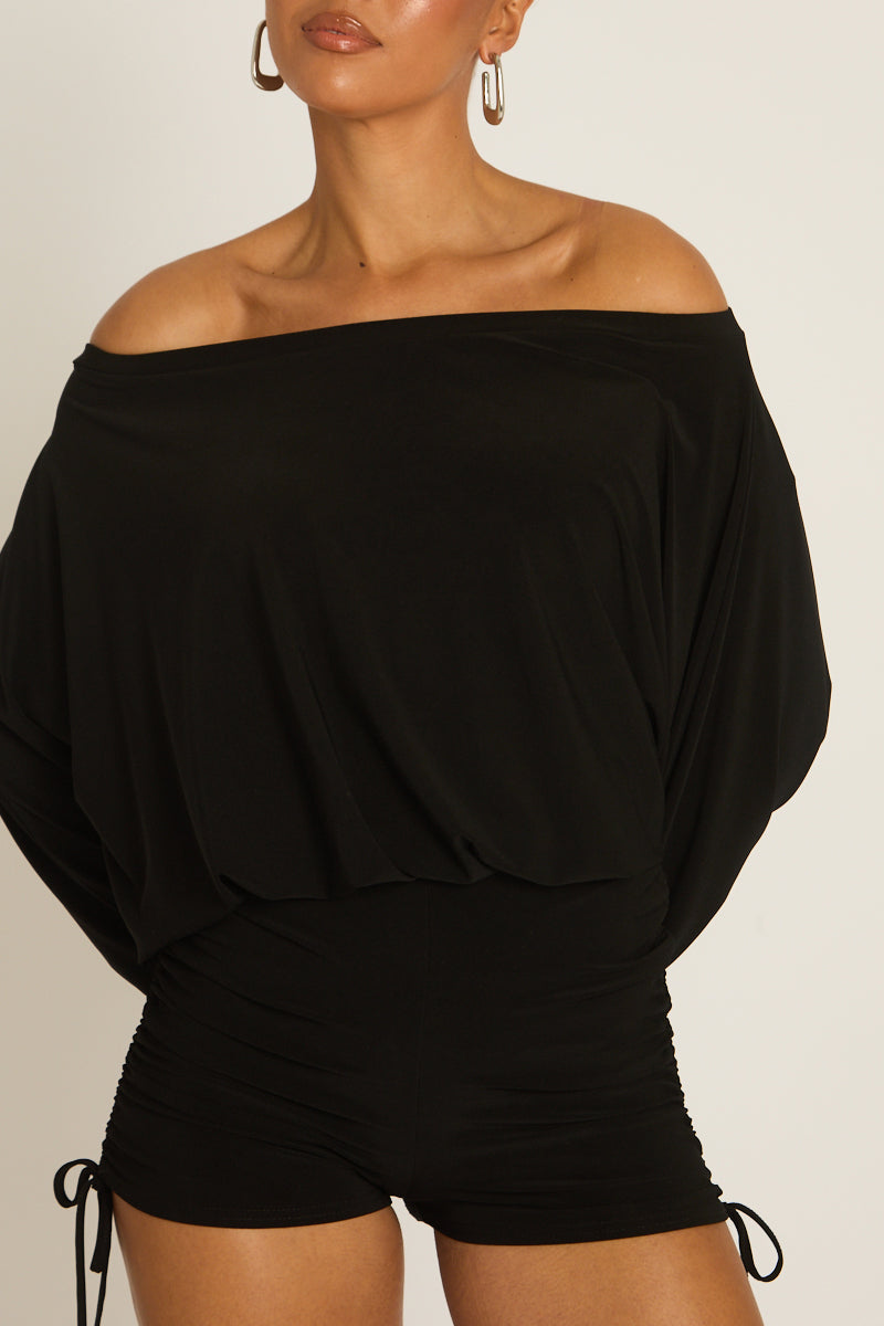 Black Off Shoulder Blouson Playsuit - Kada