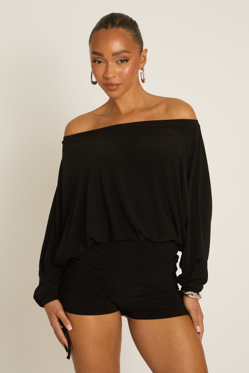 Black Off Shoulder Blouson Playsuit - Kada