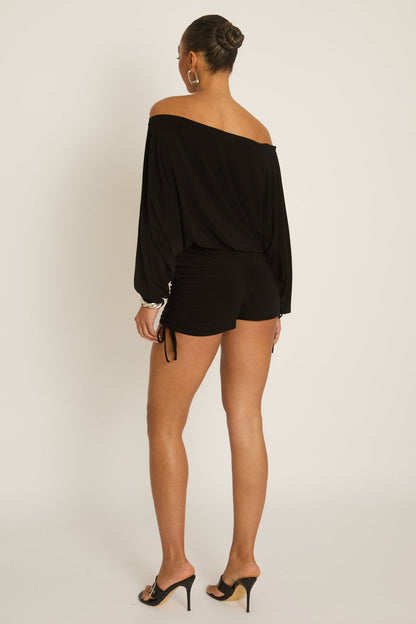 Black Off Shoulder Blouson Playsuit - Kada