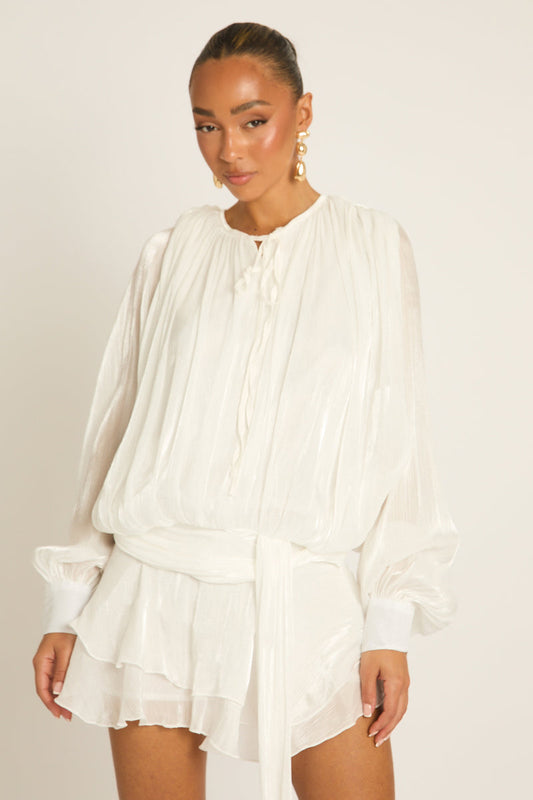 White Tie Front Blouson Mini Dress - Annabelle