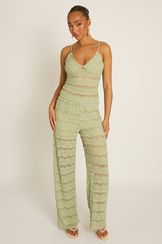 Sage Lace Frill Cami and Trouser Co-ord Set - Verona