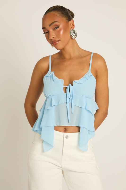 Blue Ruffle Front Cami Top - Rochella