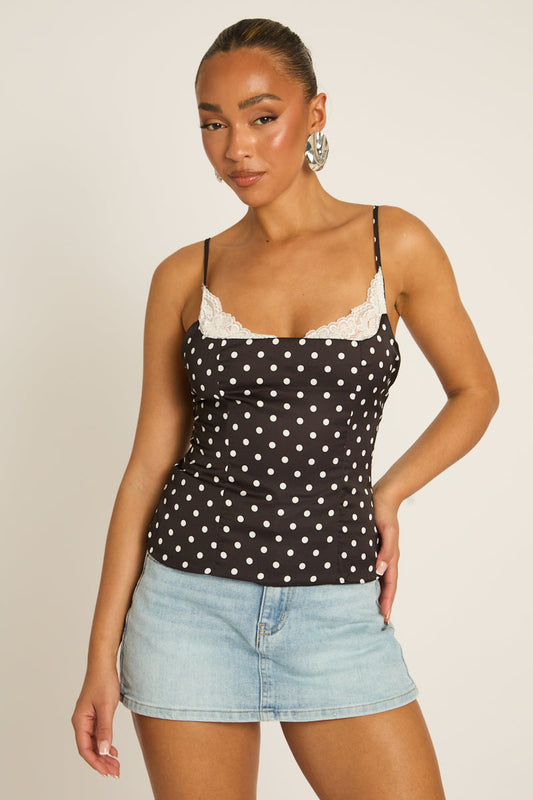 Black Satin Polka Dot Lace Trim Cami Top - Arna