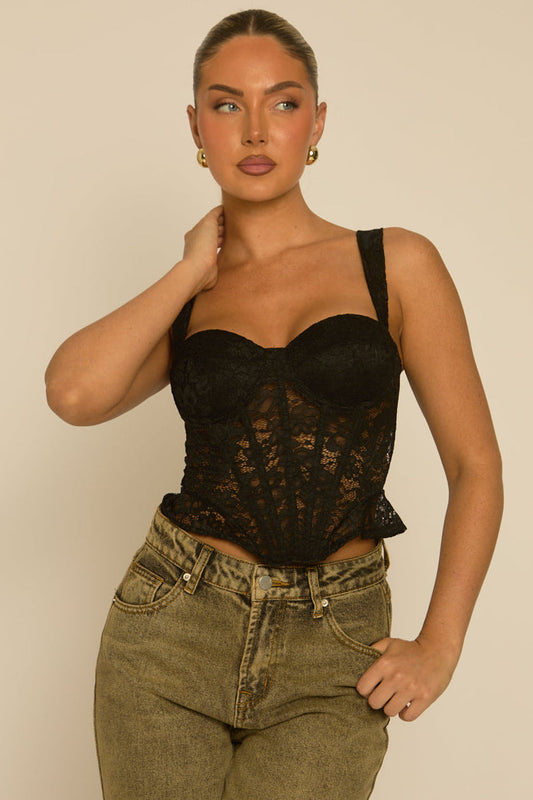 Black Lace Semi Sheer Corset Top - Sharna
